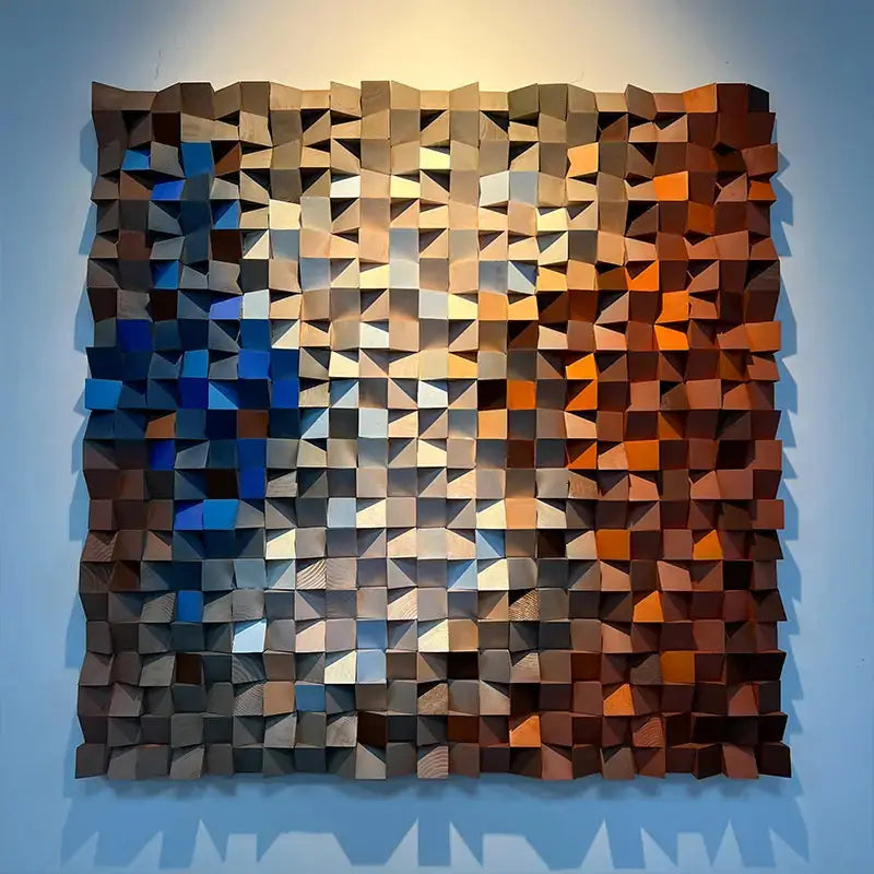 Handcrafted Geometric Wood Mosaic - Blue to Amber Geometric 3D Wall Art Artmeto Wood wall art