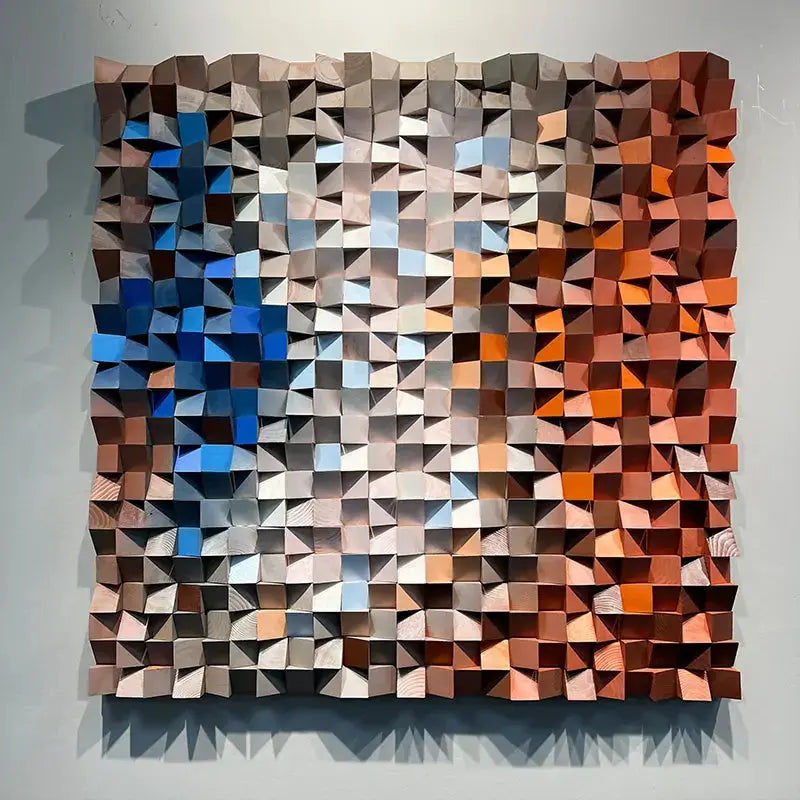 Handcrafted Geometric Wood Mosaic - Blue to Amber Geometric 3D Wall Art Artmeto Wood wall art