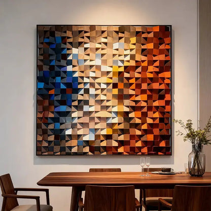 Handcrafted Geometric Wood Mosaic - Blue to Amber Geometric 3D Wall Art Artmeto Wood wall art