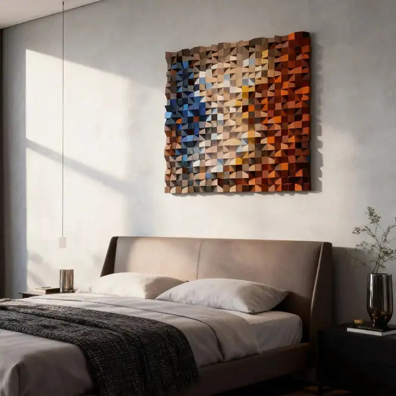 Handcrafted Geometric Wood Mosaic - Blue to Amber Geometric 3D Wall Art Artmeto Wood wall art