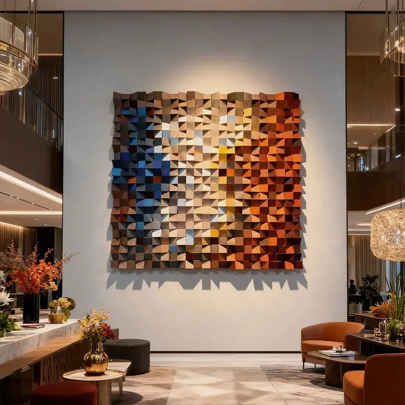 Handcrafted Geometric Wood Mosaic - Blue to Amber Geometric 3D Wall Art Artmeto Wood wall art