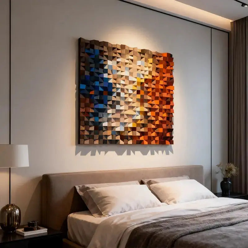 Handcrafted Geometric Wood Mosaic - Blue to Amber Geometric 3D Wall Art Artmeto Wood wall art