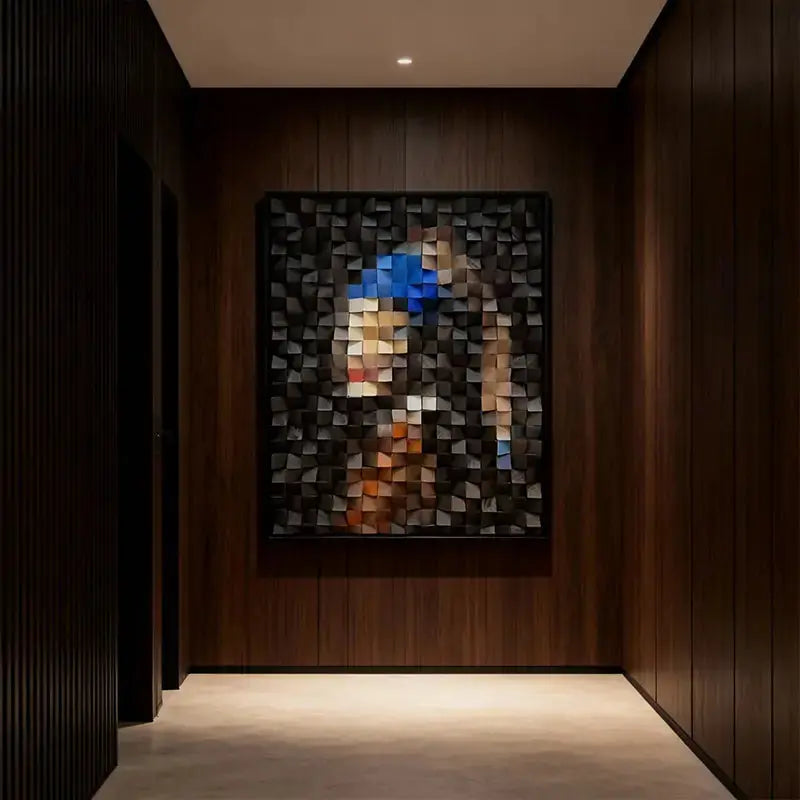 Handmade 3D Geometric Wooden Mosaic - Pearl Earring Girl Wall Art Artmeto Wood wall art