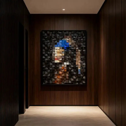 Handmade 3D Geometric Wooden Mosaic - Pearl Earring Girl Wall Art Artmeto Wood wall art
