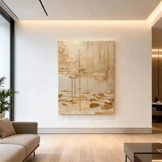 Luminous Gold Leaf Neutral Waterscape Textured Abstract Wall Decor Artmeto Wood wall art