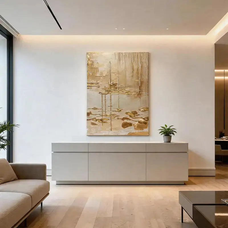 Luminous Gold Leaf Neutral Waterscape Textured Abstract Wall Decor Artmeto Wood wall art