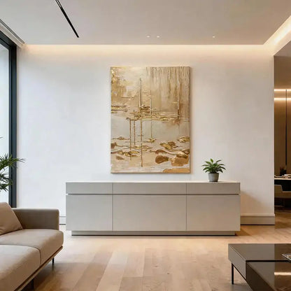 Luminous Gold Leaf Neutral Waterscape Textured Abstract Wall Decor Artmeto Wood wall art