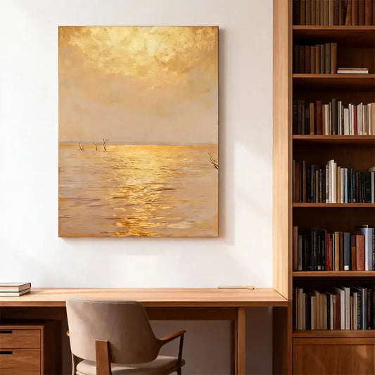 Luminous Golden Hour - Golden Sunset Water Reflection Textured Oil Painting Artmeto Wood wall art