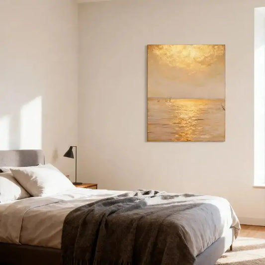 Luminous Golden Hour - Golden Sunset Water Reflection Textured Oil Painting Artmeto Wood wall art
