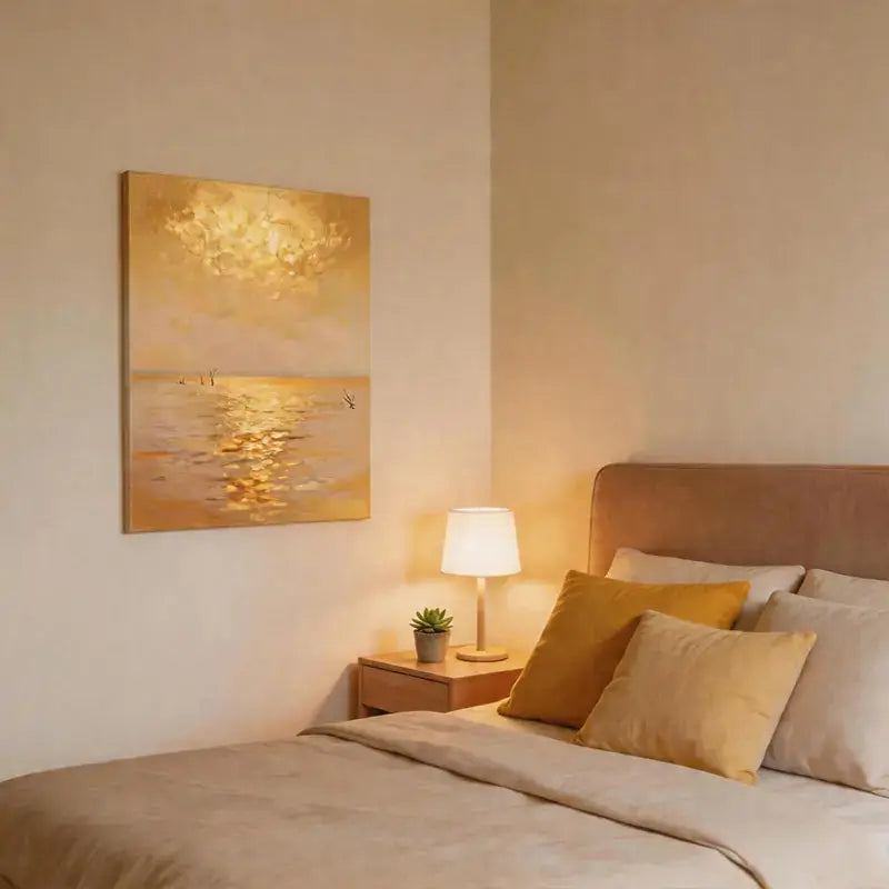 Luminous Golden Hour - Golden Sunset Water Reflection Textured Oil Painting Artmeto Wood wall art
