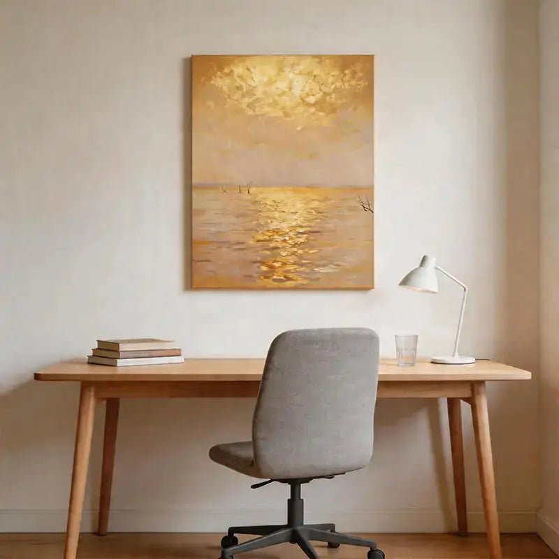 Luminous Golden Hour - Golden Sunset Water Reflection Textured Oil Painting Artmeto Wood wall art