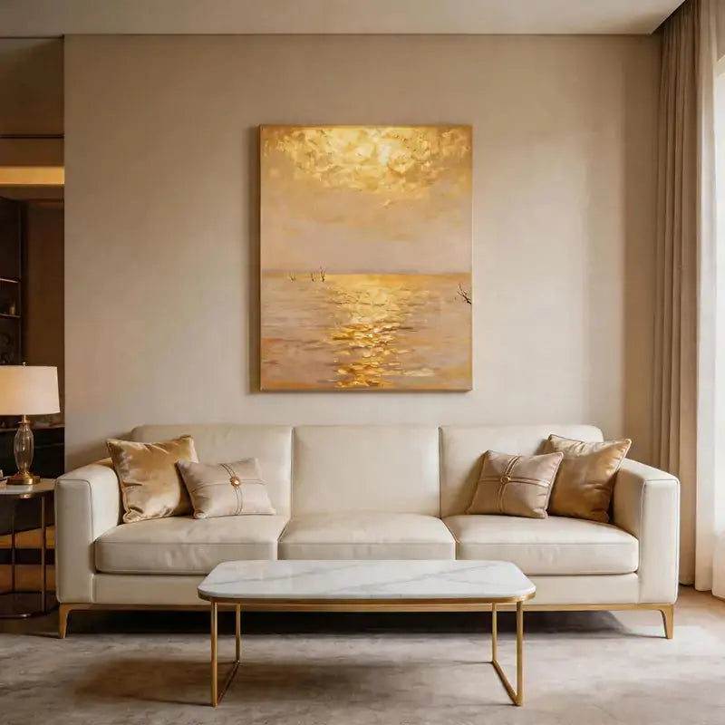 Luminous Golden Hour - Golden Sunset Water Reflection Textured Oil Painting Artmeto Wood wall art