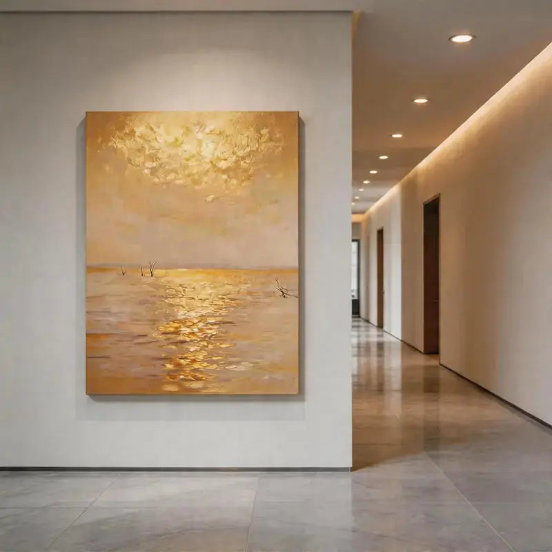 Luminous Golden Hour - Golden Sunset Water Reflection Textured Oil Painting Artmeto Wood wall art