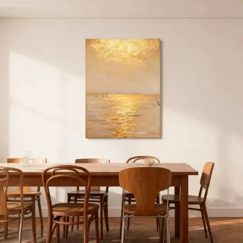 Luminous Golden Hour - Golden Sunset Water Reflection Textured Oil Painting Artmeto Wood wall art