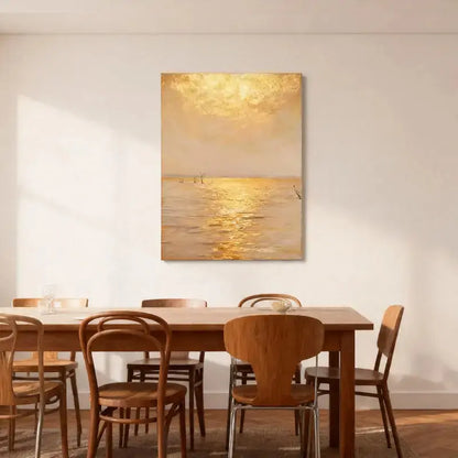 Luminous Golden Hour - Golden Sunset Water Reflection Textured Oil Painting Artmeto Wood wall art