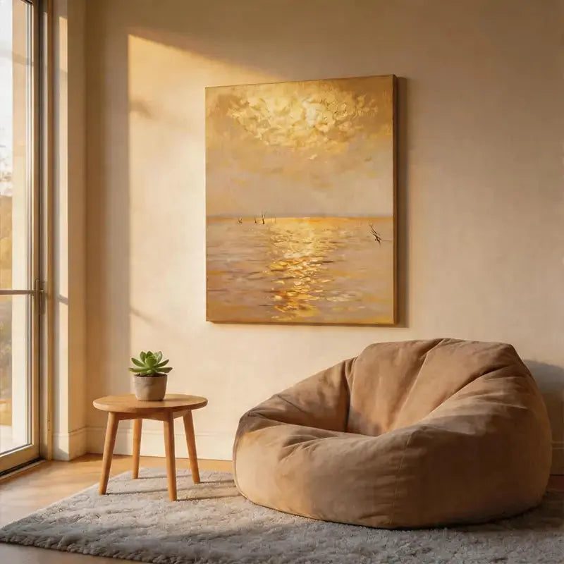 Luminous Golden Hour - Golden Sunset Water Reflection Textured Oil Painting Artmeto Wood wall art