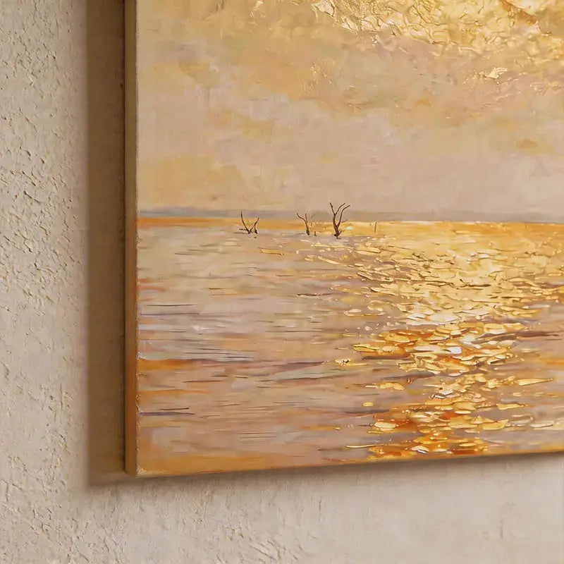 Luminous Golden Hour - Golden Sunset Water Reflection Textured Oil Painting Artmeto Wood wall art