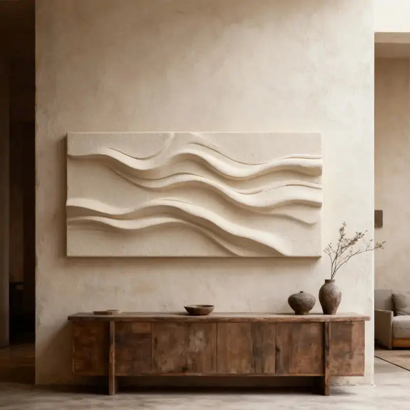 Minimalist Neutral Cream Fabric Wave 3D Relief Abstract Wall Sculpture Artmeto Wood wall art-2