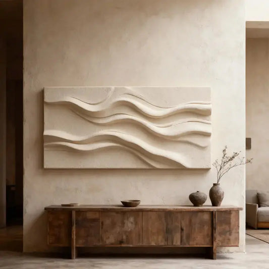 Minimalist Neutral Cream Fabric Wave 3D Relief Abstract Wall Sculpture Artmeto Wood wall art-2