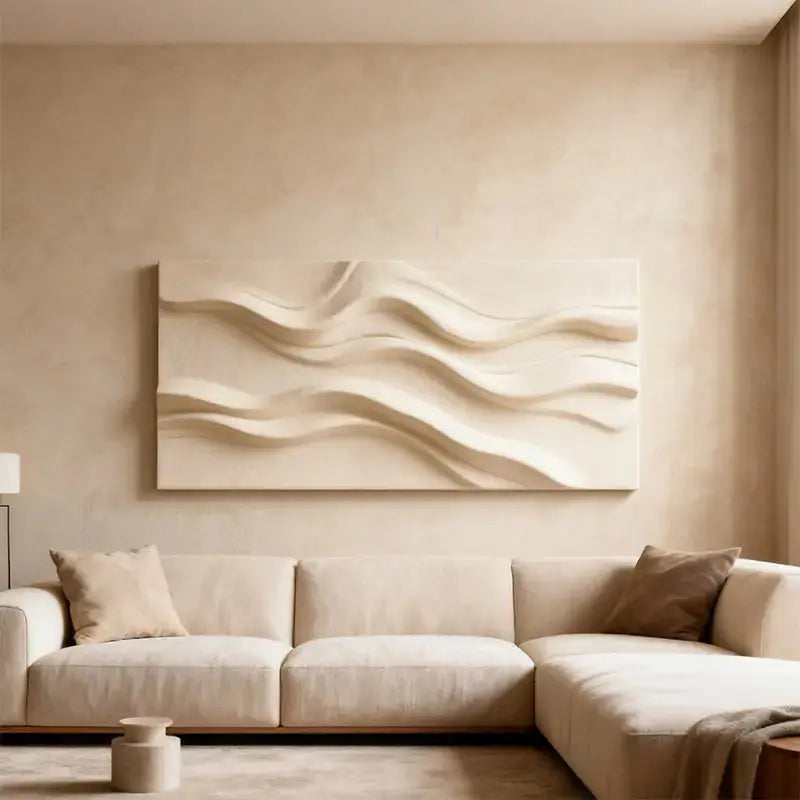 Minimalist Neutral Cream Fabric Wave 3D Relief Abstract Wall Sculpture Artmeto Wood wall art-3