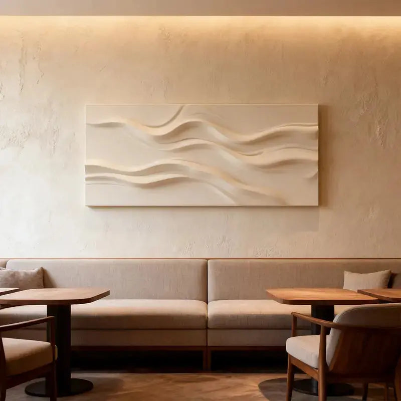 Minimalist Neutral Cream Fabric Wave 3D Relief Abstract Wall Sculpture Artmeto Wood wall art-1