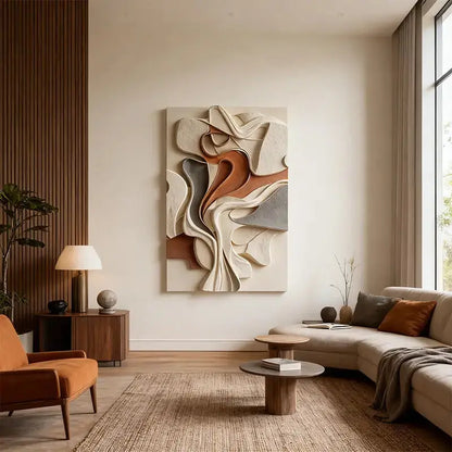 Modern Abstract 3D Wall Sculpture - Cream & Terracotta Palette Artmeto Wood wall art-4
