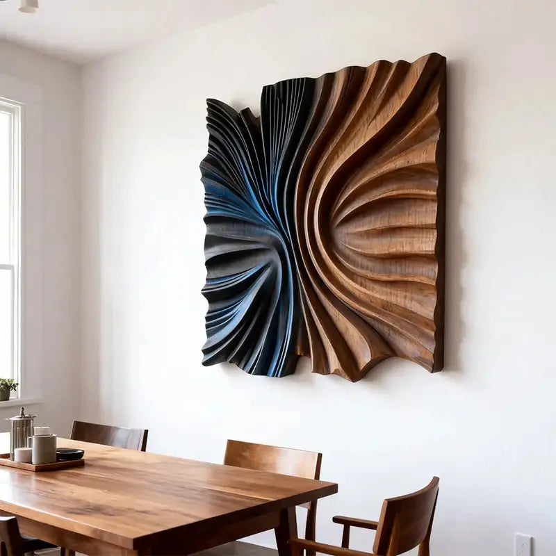 Modern Abstract Neutral Wall Design - Handmade Beige Black Textured Wood Relief（副本） Artmeto Wood wall art