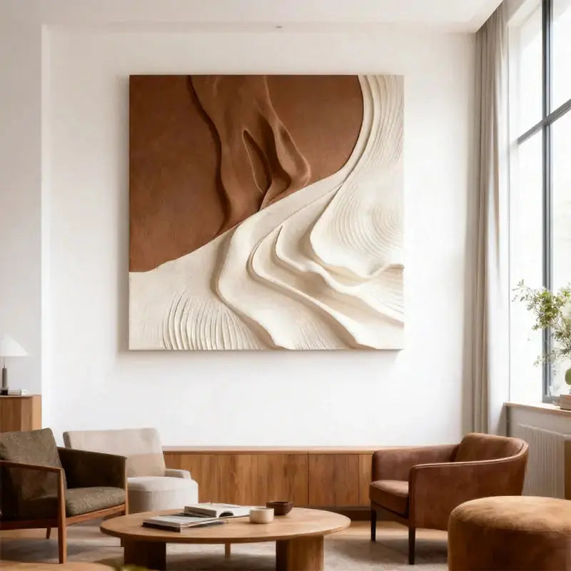 Modern Abstract Neutral Wall Design - Handmade Beige Black Textured Wood Relief（副本） Artmeto Wood wall art