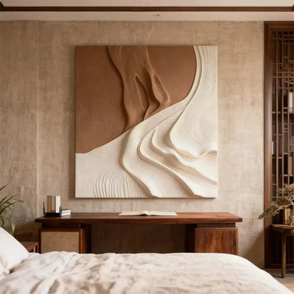 Modern Abstract Neutral Wall Design - Handmade Beige Black Textured Wood Relief（副本） Artmeto Wood wall art