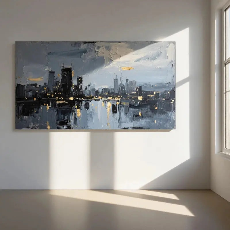 Modern Grey Gold City Reflection Wall Art-Skyline Canvas Decor-Artmeto Artmeto Wood wall art