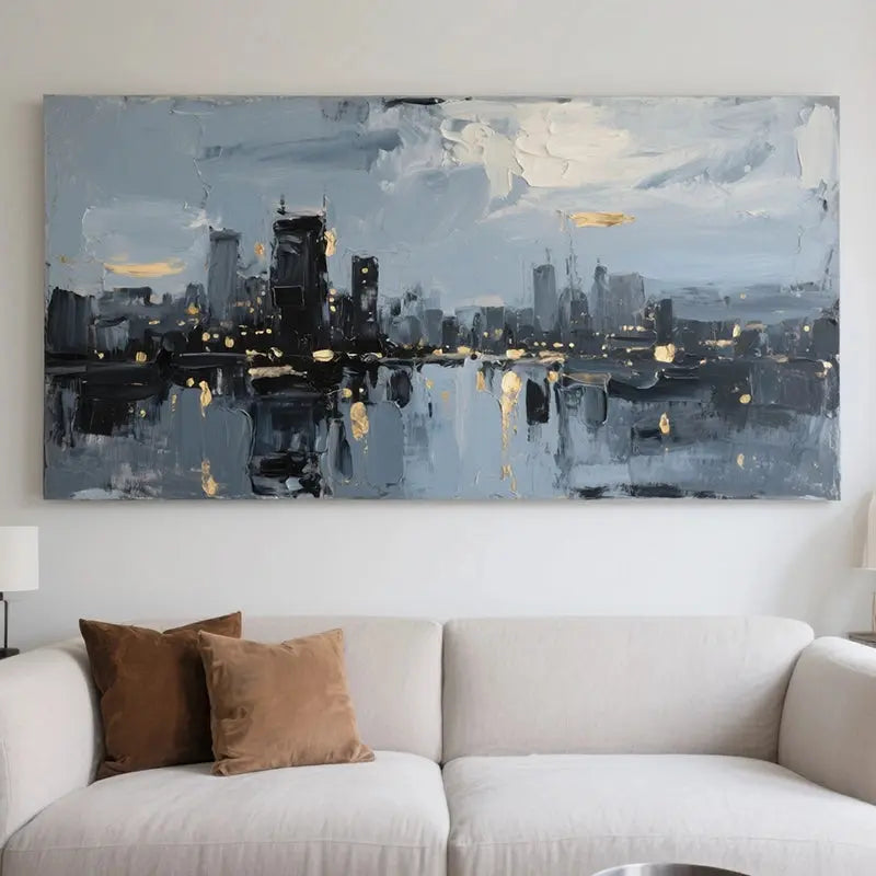 Modern Grey Gold City Reflection Wall Art-Skyline Canvas Decor-Artmeto Artmeto Wood wall art