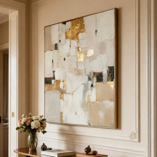 Modern Minimalist Abstract Art | White Gold Canvas Painting Artmeto Wood wall art