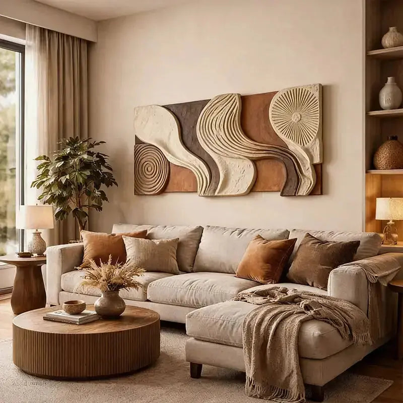 Modern Wabi-Sabi Wave 3D Relief Wall Art - Spiral & Wave Design Artmeto Wood wall art