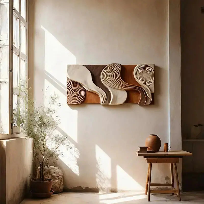 Modern Wabi-Sabi Wave 3D Relief Wall Art - Spiral & Wave Design Artmeto Wood wall art