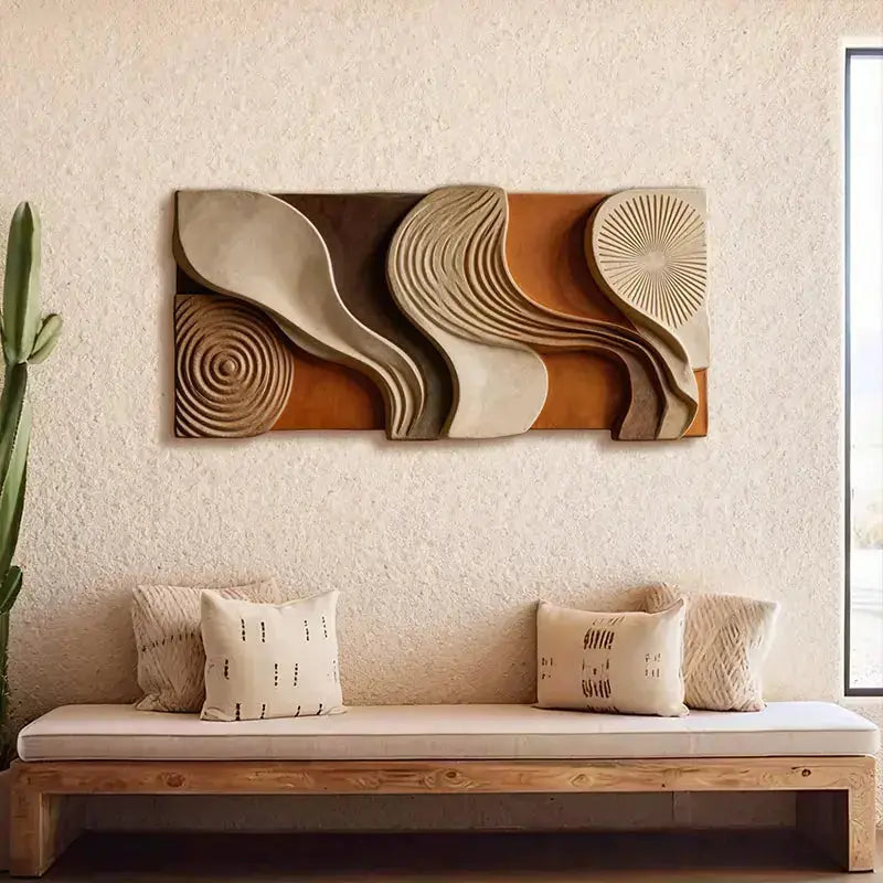 Modern Wabi-Sabi Wave 3D Relief Wall Art - Spiral & Wave Design Artmeto Wood wall art