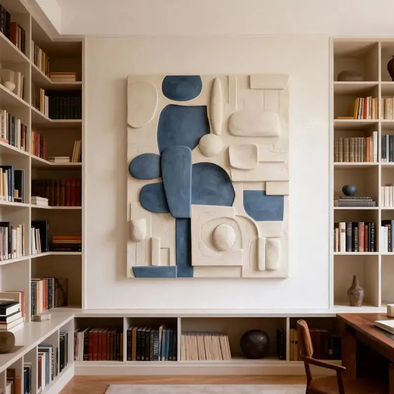 Modern White & Indigo Abstract Geometric Textured Wall Sculpture Artmeto Wood wall art-2