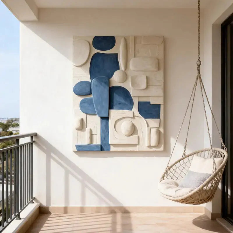 Modern White & Indigo Abstract Geometric Textured Wall Sculpture Artmeto Wood wall art-3