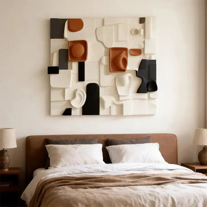 Modular Terracotta & Black Abstract Collage Geometric Textured Wall Sculpture Artmeto Wood wall art-1