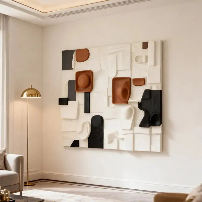 Modular Terracotta & Black Abstract Collage Geometric Textured Wall Sculpture Artmeto Wood wall art-6