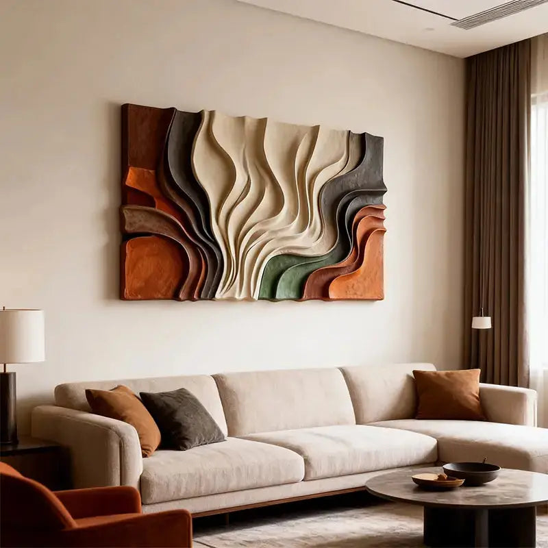 Multi-Tone Earth-Tone Abstract Flowing Decor 3D Relief Wall Sculpture Artmeto Wood wall art