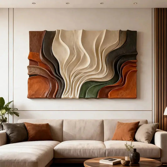 Multi-Tone Earth-Tone Abstract Flowing Decor 3D Relief Wall Sculpture Artmeto Wood wall art