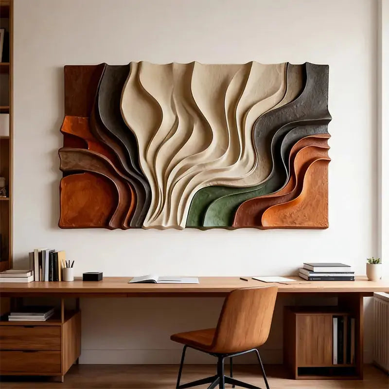 Multi-Tone Earth-Tone Abstract Flowing Decor 3D Relief Wall Sculpture Artmeto Wood wall art