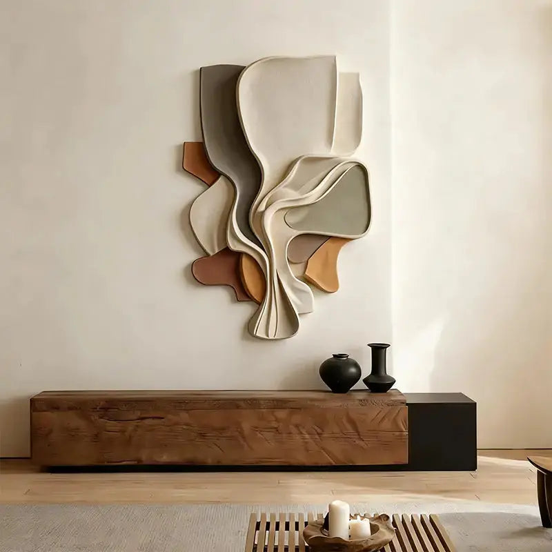 Multi-Tone Organic Layered Fluid Form Textured Abstract 3D Relief Wall Sculpture Artmeto Wood wall art