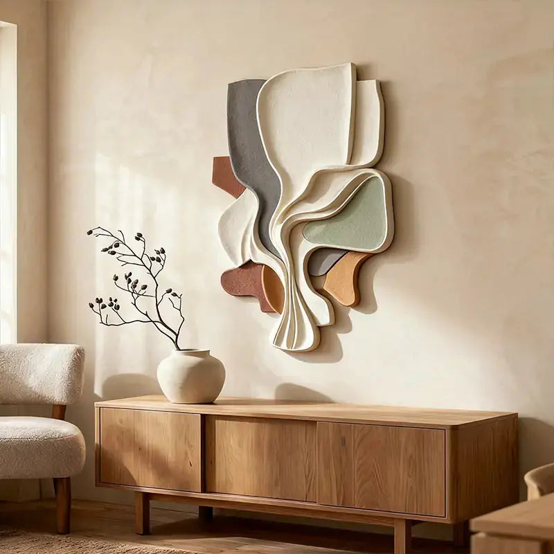 Multi-Tone Organic Layered Fluid Form Textured Abstract 3D Relief Wall Sculpture Artmeto Wood wall art