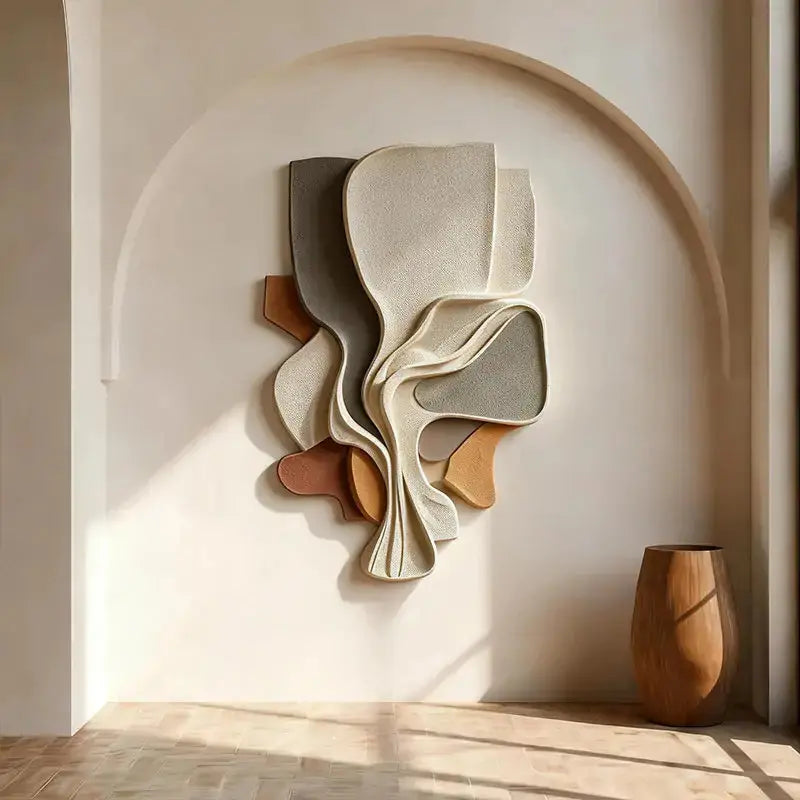 Multi-Tone Organic Layered Fluid Form Textured Abstract 3D Relief Wall Sculpture Artmeto Wood wall art