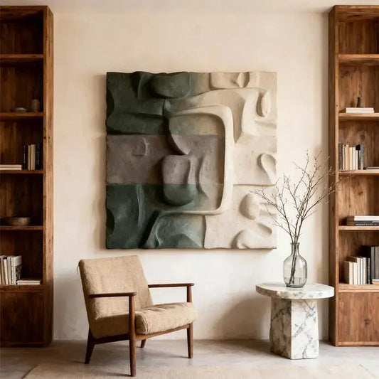 Muted Green & Cream Wabi-Sabi Textured Wall Sculpture Artmeto Wood wall art-1