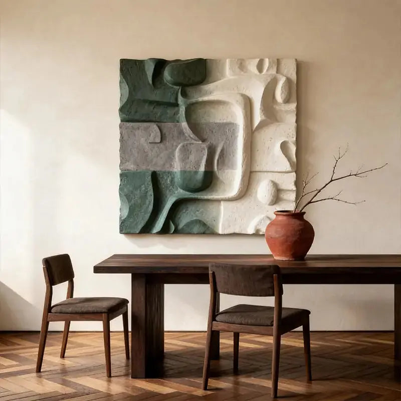 Muted Green & Cream Wabi-Sabi Textured Wall Sculpture Artmeto Wood wall art-2