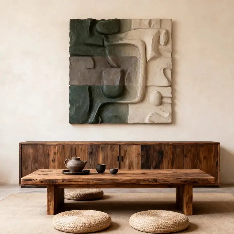Muted Green & Cream Wabi-Sabi Textured Wall Sculpture Artmeto Wood wall art-3