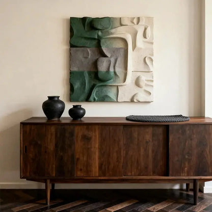Muted Green & Cream Wabi-Sabi Textured Wall Sculpture Artmeto Wood wall art-4