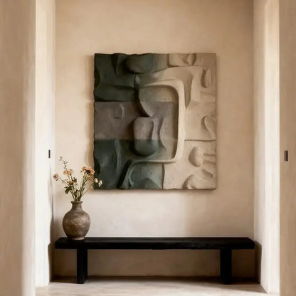 Muted Green & Cream Wabi-Sabi Textured Wall Sculpture Artmeto Wood wall art-6